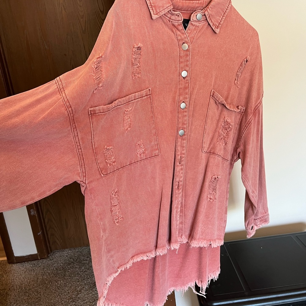 Pink Red Ripped Button Jacket - Picture 7 of 9